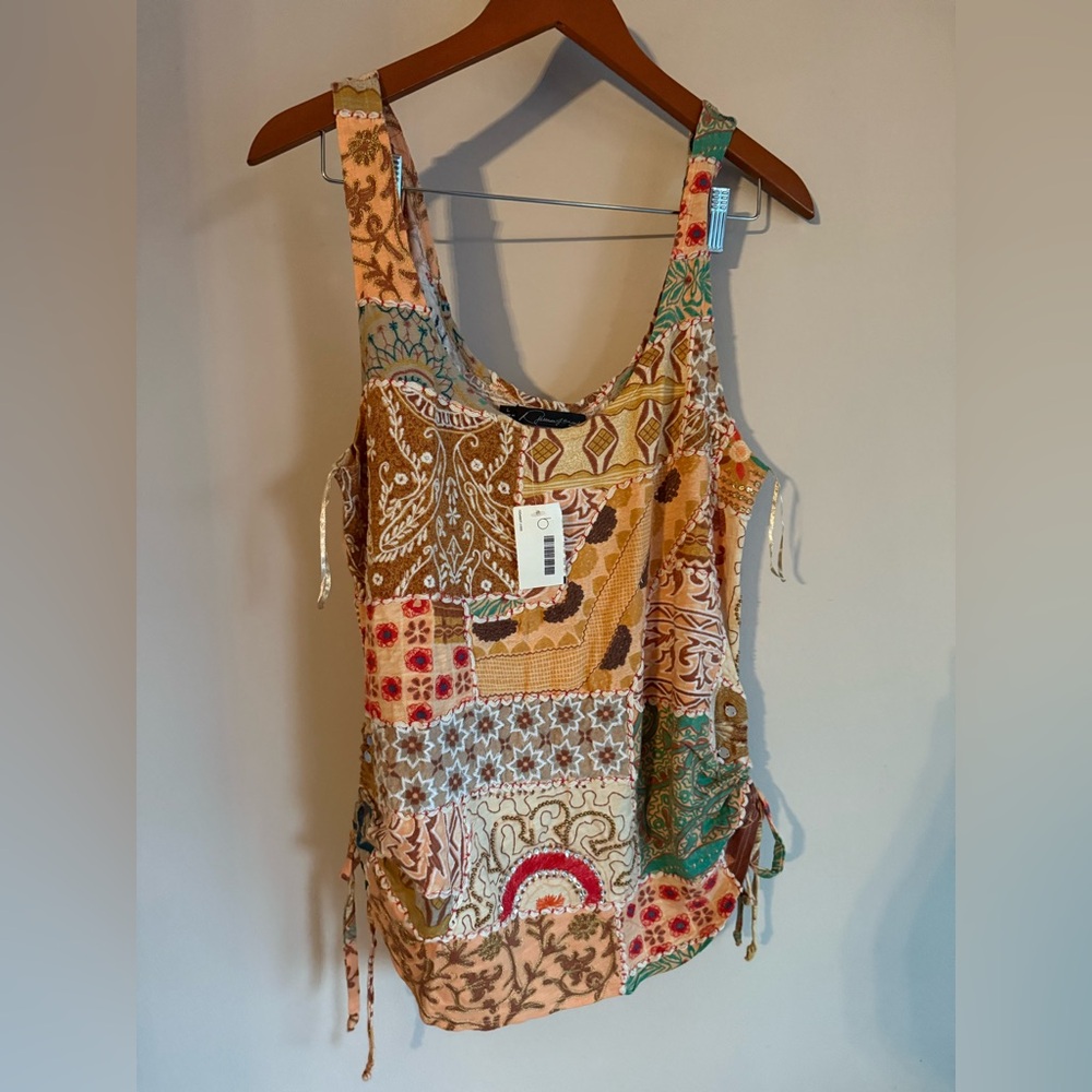 Patterson J Kincaid Womens Patchwork Boho Cinch Side Tank Top Orange Brown L NEW